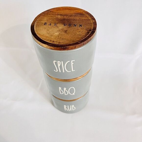 Rae Dunn SPICE BBQ RUB Cellar Wooden Lid Set of 3 Canister Stackers Stackable - Picture 3 of 9